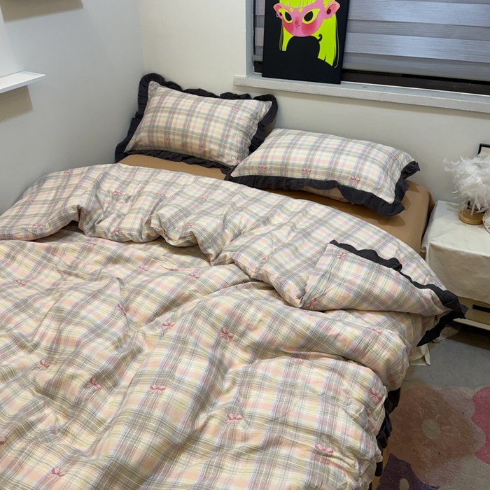 91家纺网 家纺一手货源 找家纺 疆东 【疆东】2026韩版蕾丝花边纯棉全棉双层纱四件套印花纯棉四件套法式赫本木耳花边全棉公主双层纱四件套 蝴蝶结粉