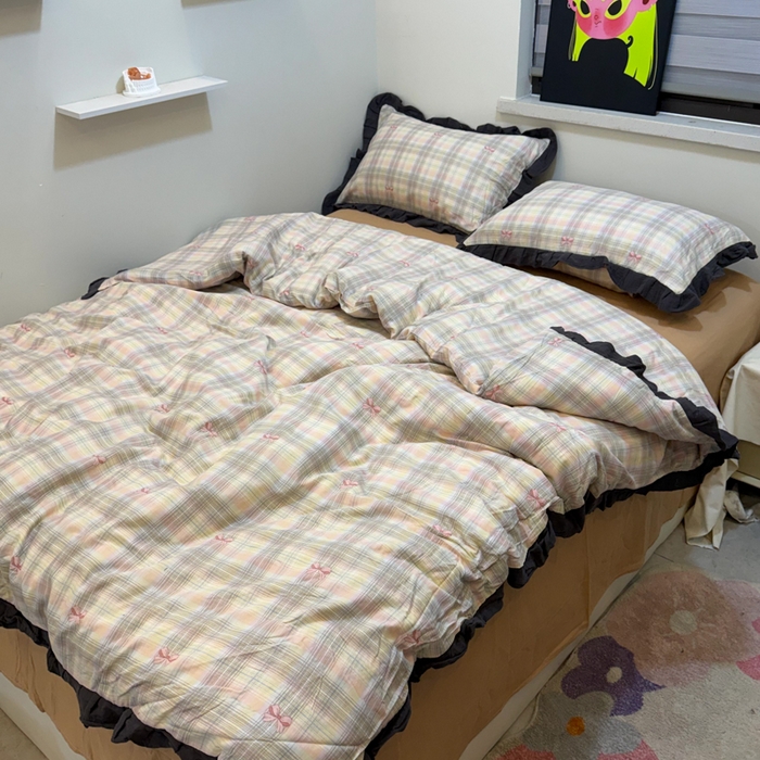 91家纺网 家纺一手货源 找家纺 疆东 【疆东】2026韩版蕾丝花边纯棉全棉双层纱四件套印花纯棉四件套法式赫本木耳花边全棉公主双层纱四件套 蝴蝶结粉