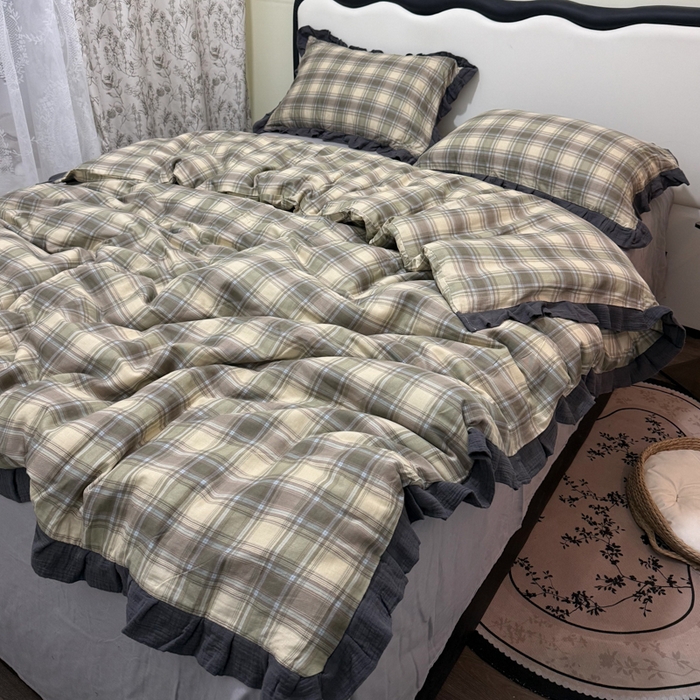 91家纺网 家纺一手货源 找家纺 疆东 【疆东】2026韩版蕾丝花边纯棉全棉双层纱四件套印花纯棉四件套法式赫本木耳花边全棉公主双层纱四件套 绿大格