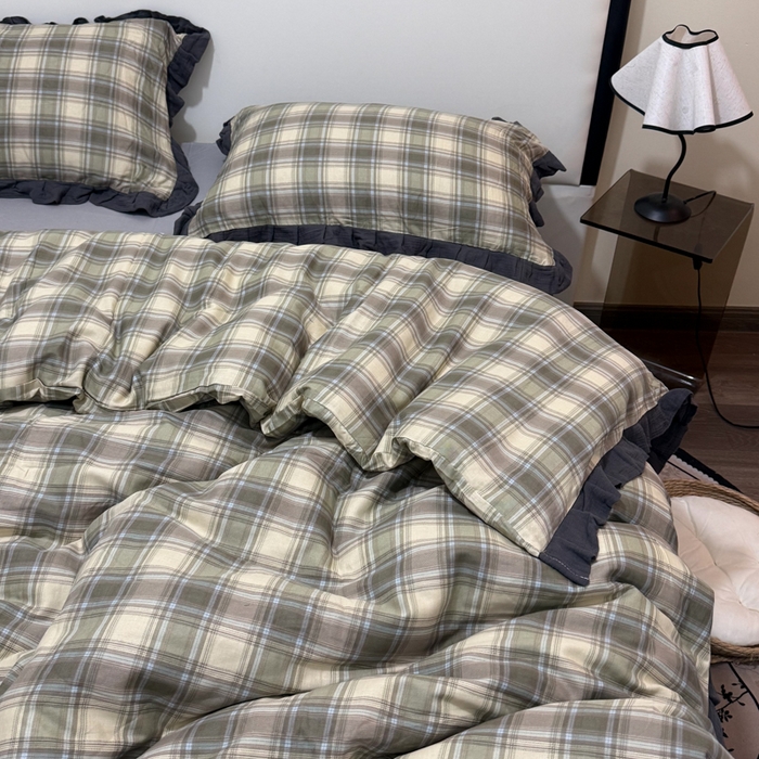 91家纺网 家纺一手货源 找家纺 疆东 【疆东】2026韩版蕾丝花边纯棉全棉双层纱四件套印花纯棉四件套法式赫本木耳花边全棉公主双层纱四件套 绿大格