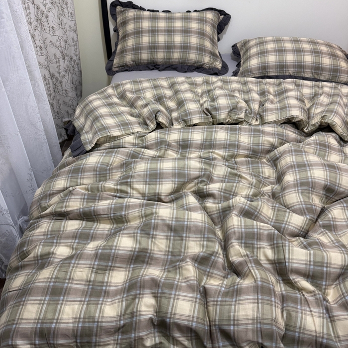 91家纺网 家纺一手货源 找家纺 疆东 【疆东】2026韩版蕾丝花边纯棉全棉双层纱四件套印花纯棉四件套法式赫本木耳花边全棉公主双层纱四件套 绿大格