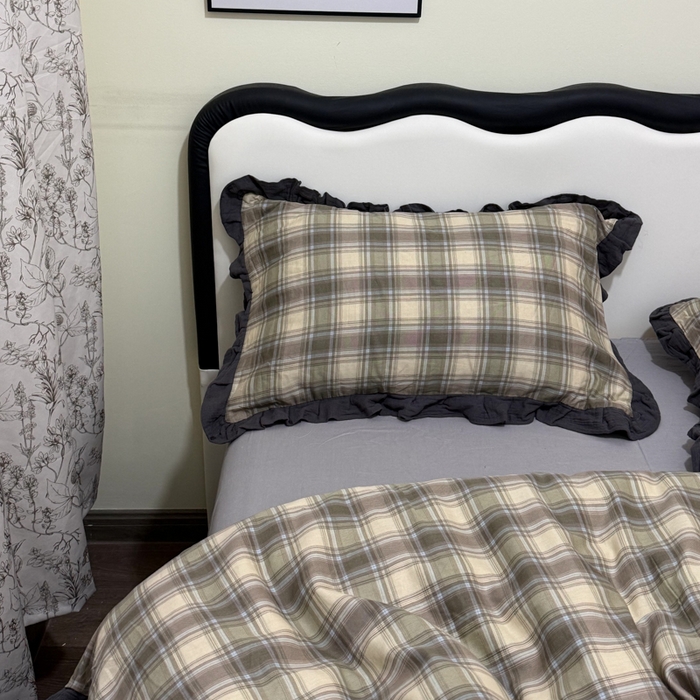 91家纺网 家纺一手货源 找家纺 疆东 【疆东】2026韩版蕾丝花边纯棉全棉双层纱四件套印花纯棉四件套法式赫本木耳花边全棉公主双层纱四件套 绿大格