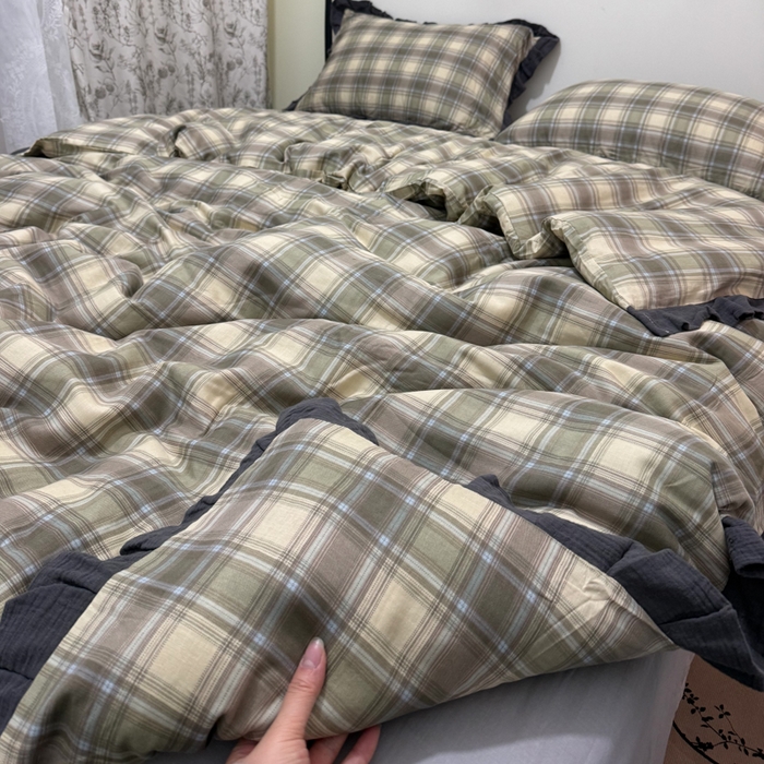 91家纺网 家纺一手货源 找家纺 疆东 【疆东】2026韩版蕾丝花边纯棉全棉双层纱四件套印花纯棉四件套法式赫本木耳花边全棉公主双层纱四件套 绿大格