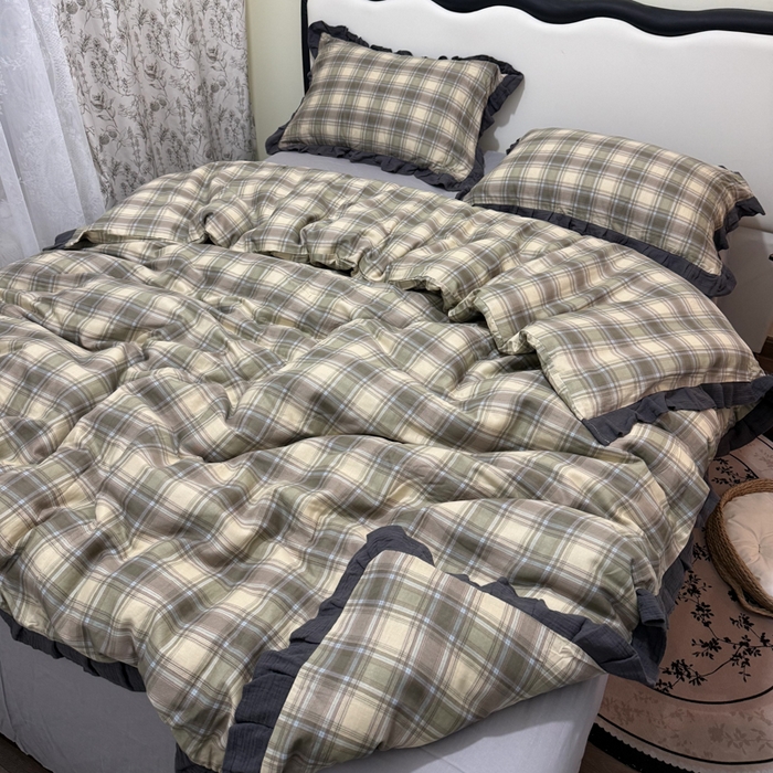 91家纺网 家纺一手货源 找家纺 疆东 【疆东】2026韩版蕾丝花边纯棉全棉双层纱四件套印花纯棉四件套法式赫本木耳花边全棉公主双层纱四件套 绿大格