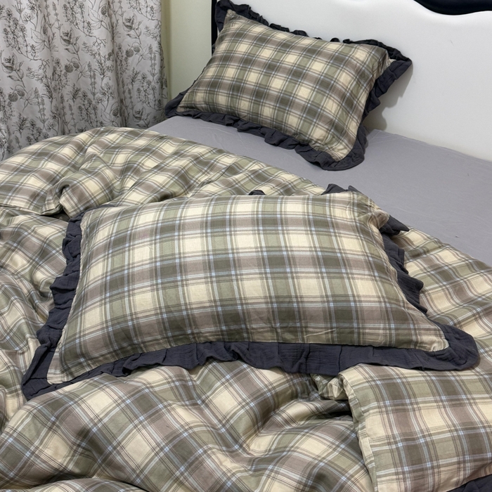 91家纺网 家纺一手货源 找家纺 疆东 【疆东】2026韩版蕾丝花边纯棉全棉双层纱四件套印花纯棉四件套法式赫本木耳花边全棉公主双层纱四件套 绿大格