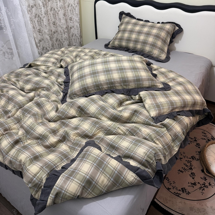 91家纺网 家纺一手货源 找家纺 疆东 【疆东】2026韩版蕾丝花边纯棉全棉双层纱四件套印花纯棉四件套法式赫本木耳花边全棉公主双层纱四件套 绿大格