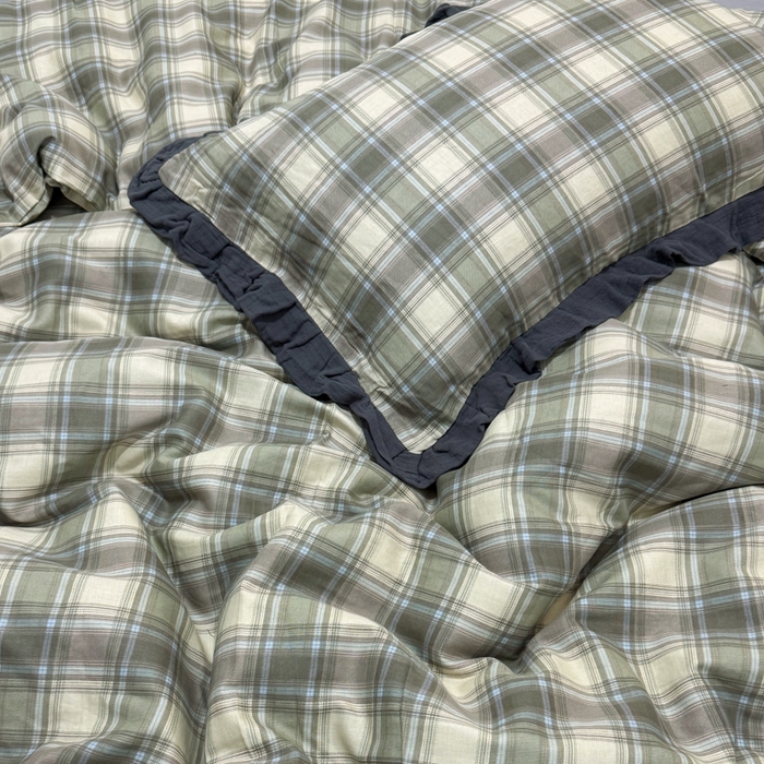 91家纺网 家纺一手货源 找家纺 疆东 【疆东】2026韩版蕾丝花边纯棉全棉双层纱四件套印花纯棉四件套法式赫本木耳花边全棉公主双层纱四件套 绿大格