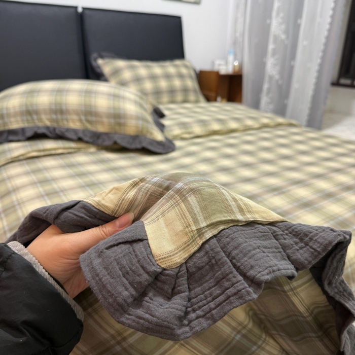 91家纺网 家纺一手货源 找家纺 疆东 【疆东】2026韩版蕾丝花边纯棉全棉双层纱四件套印花纯棉四件套法式赫本木耳花边全棉公主双层纱四件套 绿大格