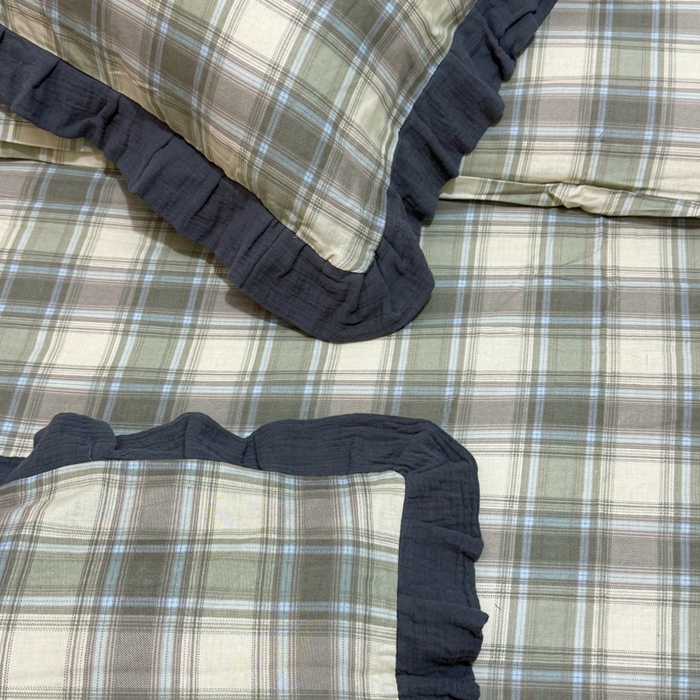 91家纺网 家纺一手货源 找家纺 疆东 【疆东】2026韩版蕾丝花边纯棉全棉双层纱四件套印花纯棉四件套法式赫本木耳花边全棉公主双层纱四件套 绿大格