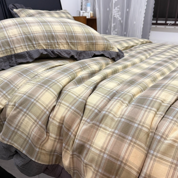 91家纺网 家纺一手货源 找家纺 疆东 【疆东】2026韩版蕾丝花边纯棉全棉双层纱四件套印花纯棉四件套法式赫本木耳花边全棉公主双层纱四件套 绿大格