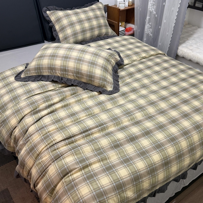 91家纺网 家纺一手货源 找家纺 疆东 【疆东】2026韩版蕾丝花边纯棉全棉双层纱四件套印花纯棉四件套法式赫本木耳花边全棉公主双层纱四件套 绿大格