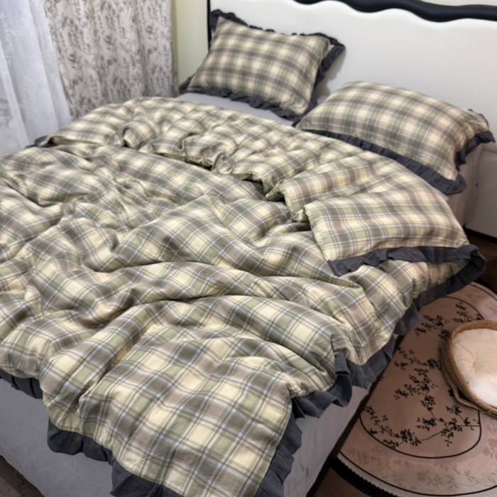 91家纺网 家纺一手货源 找家纺 疆东 【疆东】2026韩版蕾丝花边纯棉全棉双层纱四件套印花纯棉四件套法式赫本木耳花边全棉公主双层纱四件套 绿大格