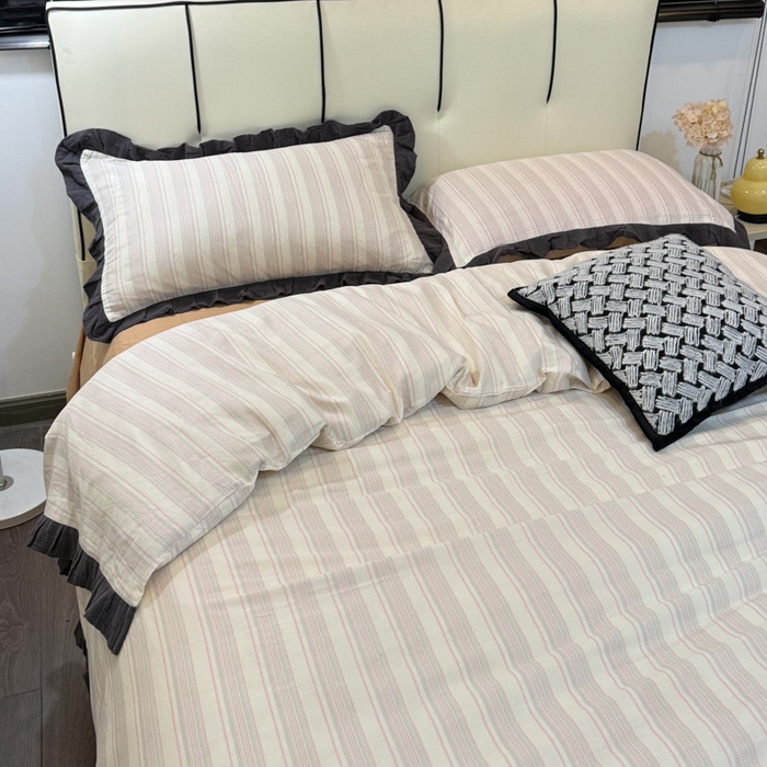 91家纺网 家纺一手货源 找家纺 疆东 【疆东】2026韩版蕾丝花边纯棉全棉双层纱四件套印花纯棉四件套法式赫本木耳花边全棉公主双层纱四件套 彩虹条