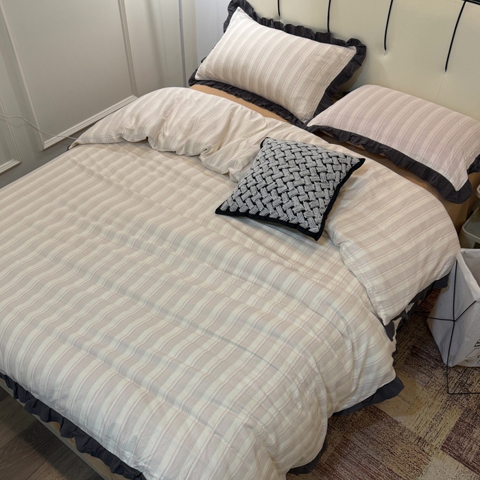 91家纺网 家纺一手货源 找家纺 疆东 【疆东】2026韩版蕾丝花边纯棉全棉双层纱四件套印花纯棉四件套法式赫本木耳花边全棉公主双层纱四件套 彩虹条