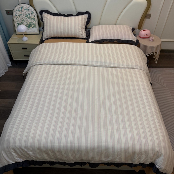 91家纺网 家纺一手货源 找家纺 疆东 【疆东】2026韩版蕾丝花边纯棉全棉双层纱四件套印花纯棉四件套法式赫本木耳花边全棉公主双层纱四件套 彩虹条