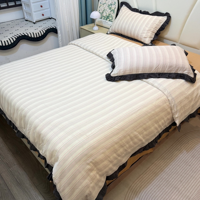 91家纺网 家纺一手货源 找家纺 疆东 【疆东】2026韩版蕾丝花边纯棉全棉双层纱四件套印花纯棉四件套法式赫本木耳花边全棉公主双层纱四件套 彩虹条