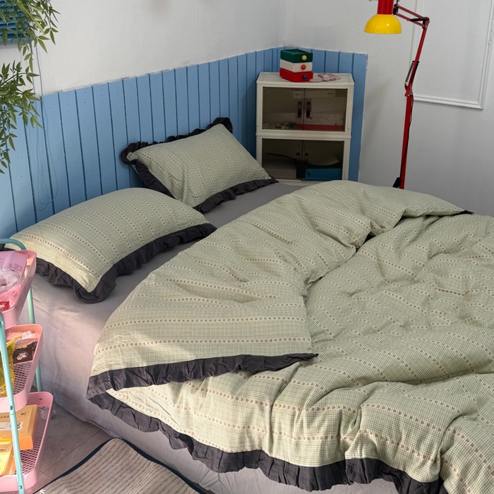 91家纺网 家纺一手货源 找家纺 疆东 【疆东】2026韩版蕾丝花边纯棉全棉双层纱四件套印花纯棉四件套法式赫本木耳花边全棉公主双层纱四件套 爱心绿