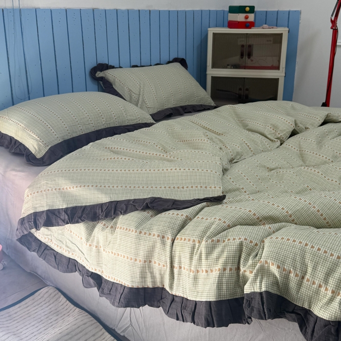 91家纺网 家纺一手货源 找家纺 疆东 【疆东】2026韩版蕾丝花边纯棉全棉双层纱四件套印花纯棉四件套法式赫本木耳花边全棉公主双层纱四件套 爱心绿