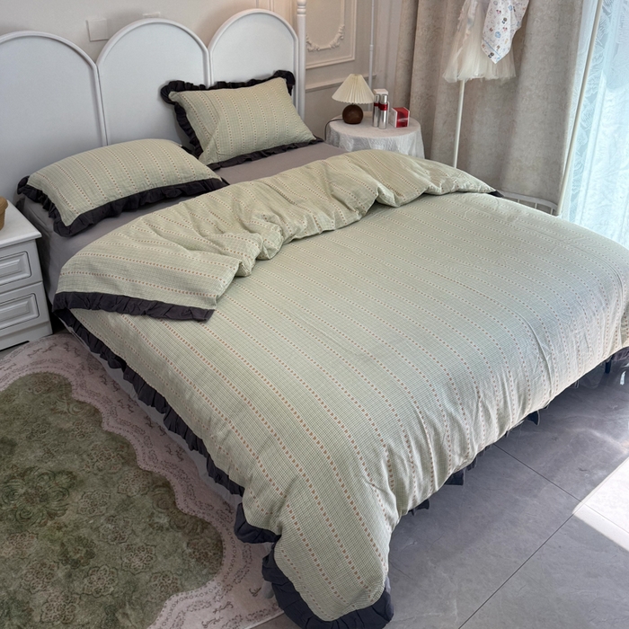 91家纺网 家纺一手货源 找家纺 疆东 【疆东】2026韩版蕾丝花边纯棉全棉双层纱四件套印花纯棉四件套法式赫本木耳花边全棉公主双层纱四件套 爱心绿