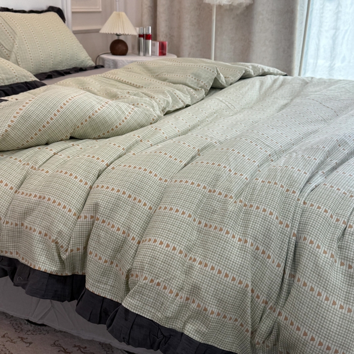 91家纺网 家纺一手货源 找家纺 疆东 【疆东】2026韩版蕾丝花边纯棉全棉双层纱四件套印花纯棉四件套法式赫本木耳花边全棉公主双层纱四件套 爱心绿