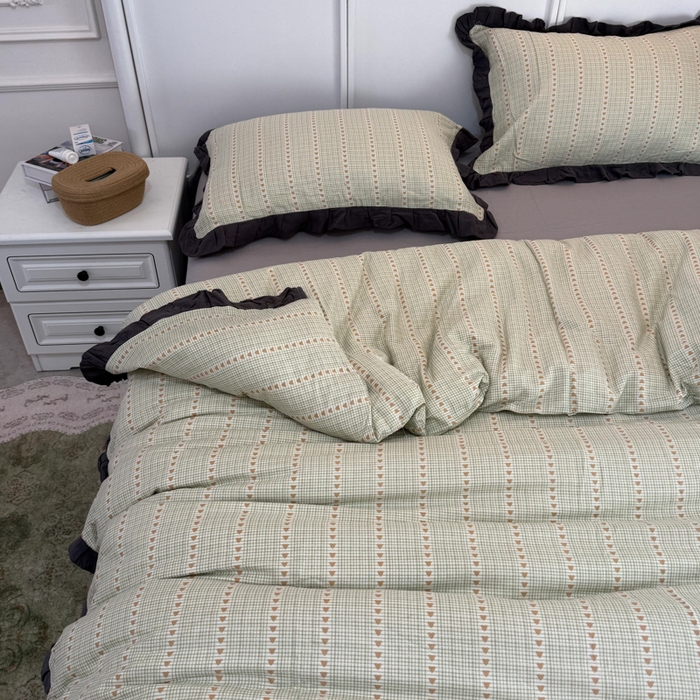 91家纺网 家纺一手货源 找家纺 疆东 【疆东】2026韩版蕾丝花边纯棉全棉双层纱四件套印花纯棉四件套法式赫本木耳花边全棉公主双层纱四件套 爱心绿