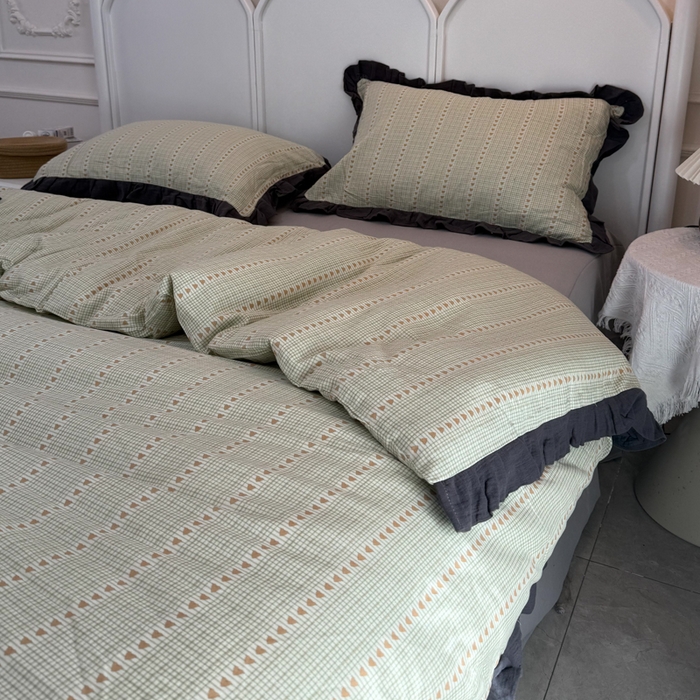 91家纺网 家纺一手货源 找家纺 疆东 【疆东】2026韩版蕾丝花边纯棉全棉双层纱四件套印花纯棉四件套法式赫本木耳花边全棉公主双层纱四件套 爱心绿