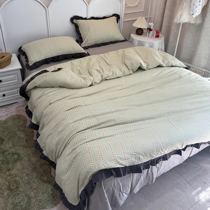 91家纺网 家纺一手货源 找家纺 疆东 【疆东】2026韩版蕾丝花边纯棉全棉双层纱四件套印花纯棉四件套法式赫本木耳花边全棉公主双层纱四件套 爱心绿