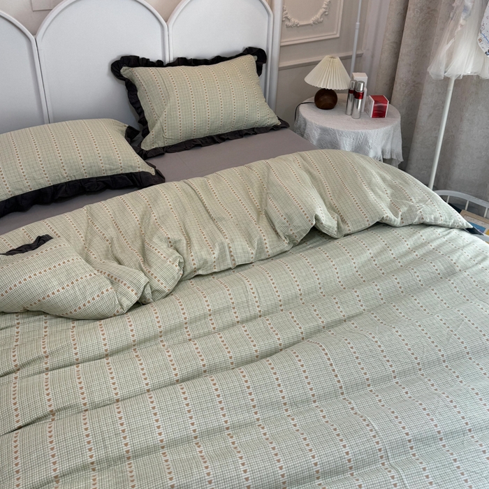 91家纺网 家纺一手货源 找家纺 疆东 【疆东】2026韩版蕾丝花边纯棉全棉双层纱四件套印花纯棉四件套法式赫本木耳花边全棉公主双层纱四件套 爱心绿