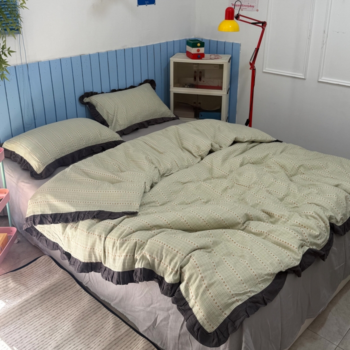 91家纺网 家纺一手货源 找家纺 疆东 【疆东】2026韩版蕾丝花边纯棉全棉双层纱四件套印花纯棉四件套法式赫本木耳花边全棉公主双层纱四件套 爱心绿