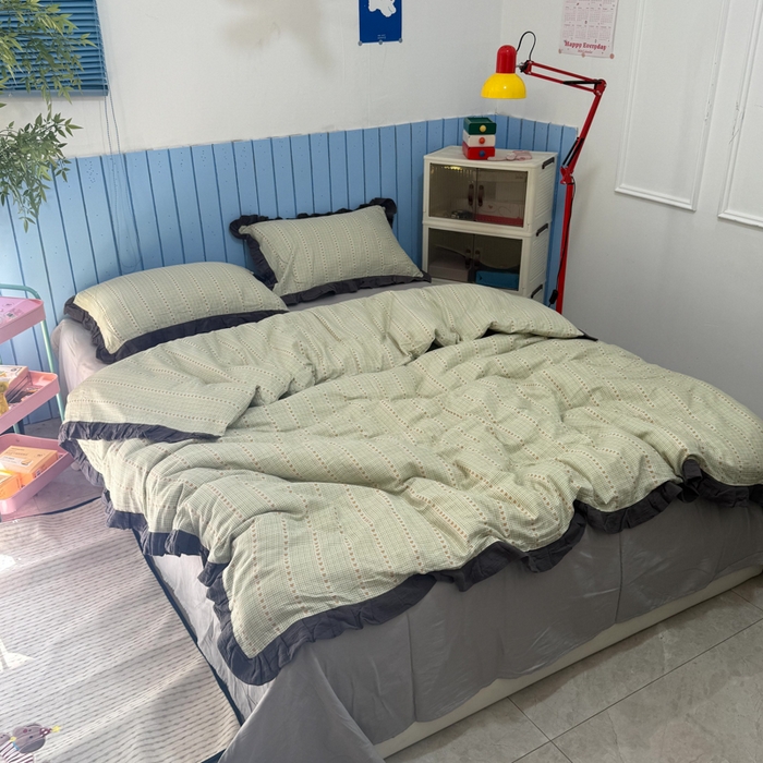 91家纺网 家纺一手货源 找家纺 疆东 【疆东】2026韩版蕾丝花边纯棉全棉双层纱四件套印花纯棉四件套法式赫本木耳花边全棉公主双层纱四件套 爱心绿