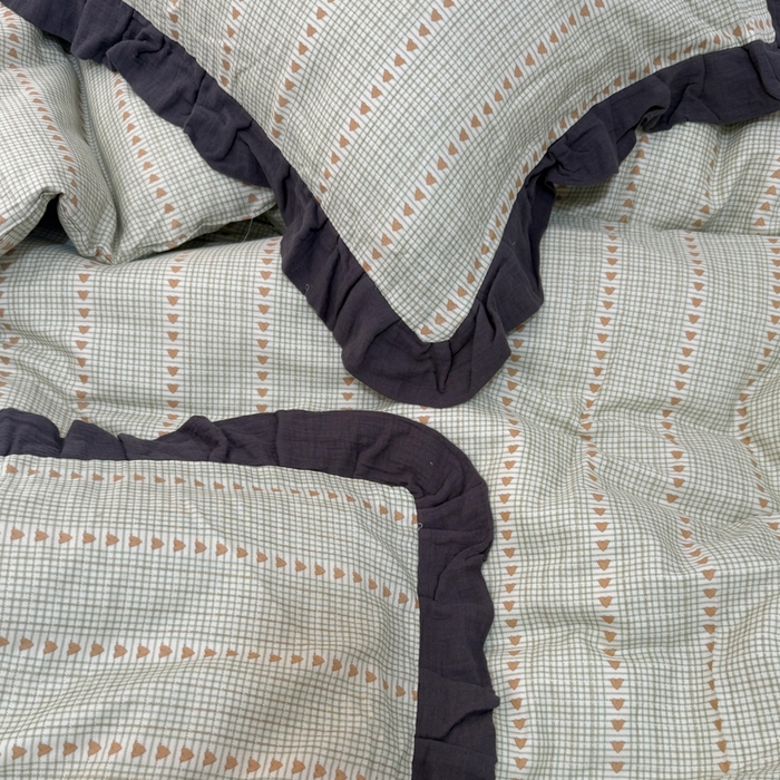 91家纺网 家纺一手货源 找家纺 疆东 【疆东】2026韩版蕾丝花边纯棉全棉双层纱四件套印花纯棉四件套法式赫本木耳花边全棉公主双层纱四件套 爱心绿