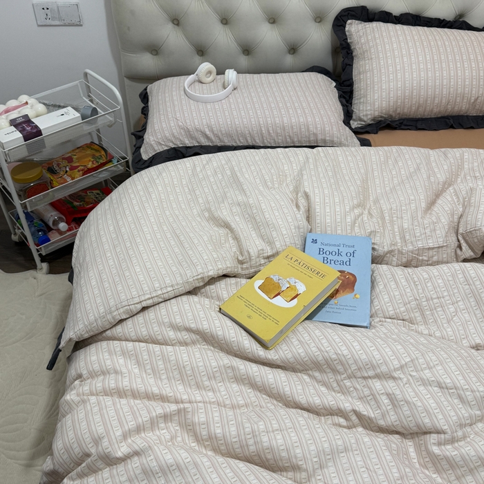 91家纺网 家纺一手货源 找家纺 疆东 【疆东】2026韩版蕾丝花边纯棉全棉双层纱四件套印花纯棉四件套法式赫本木耳花边全棉公主双层纱四件套 竖条纹咖