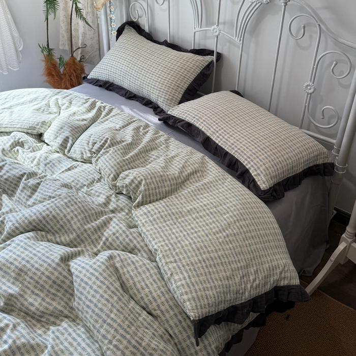 91家纺网 家纺一手货源 找家纺 疆东 【疆东】2026韩版蕾丝花边纯棉全棉双层纱四件套印花纯棉四件套法式赫本木耳花边全棉公主双层纱四件套 波纹