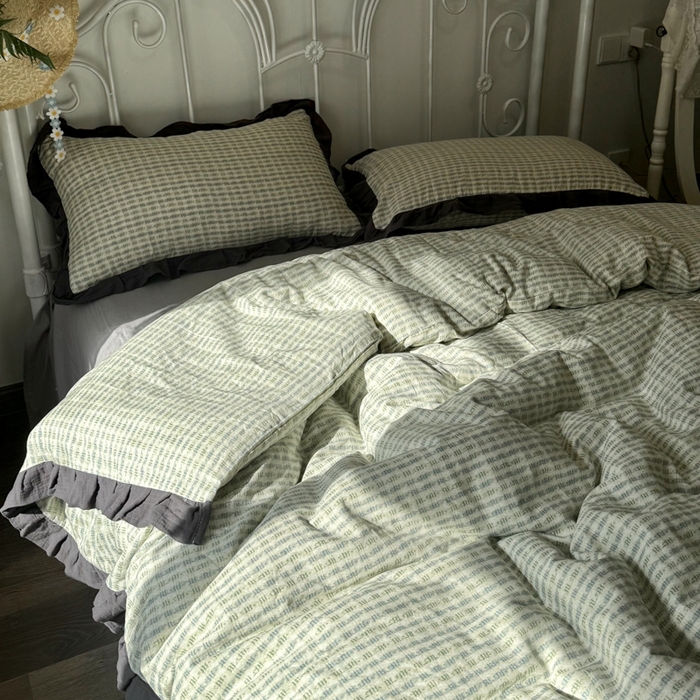 91家纺网 家纺一手货源 找家纺 疆东 【疆东】2026韩版蕾丝花边纯棉全棉双层纱四件套印花纯棉四件套法式赫本木耳花边全棉公主双层纱四件套 波纹