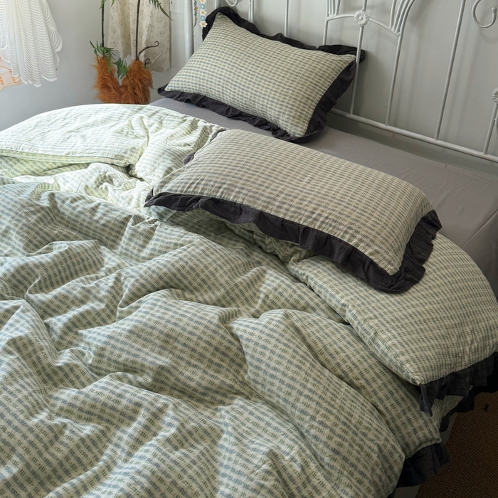 91家纺网 家纺一手货源 找家纺 疆东 【疆东】2026韩版蕾丝花边纯棉全棉双层纱四件套印花纯棉四件套法式赫本木耳花边全棉公主双层纱四件套 波纹