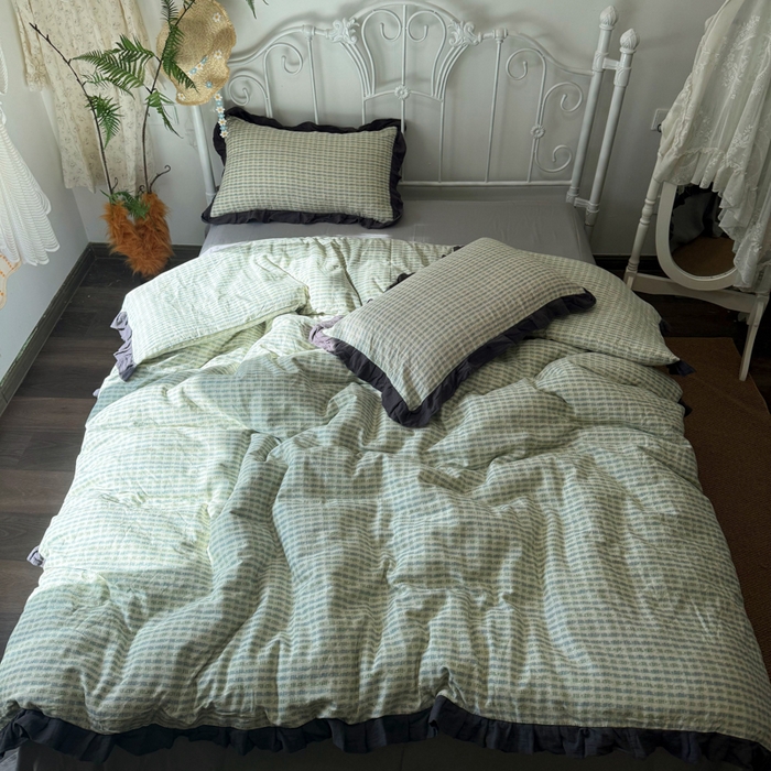 91家纺网 家纺一手货源 找家纺 疆东 【疆东】2026韩版蕾丝花边纯棉全棉双层纱四件套印花纯棉四件套法式赫本木耳花边全棉公主双层纱四件套 波纹