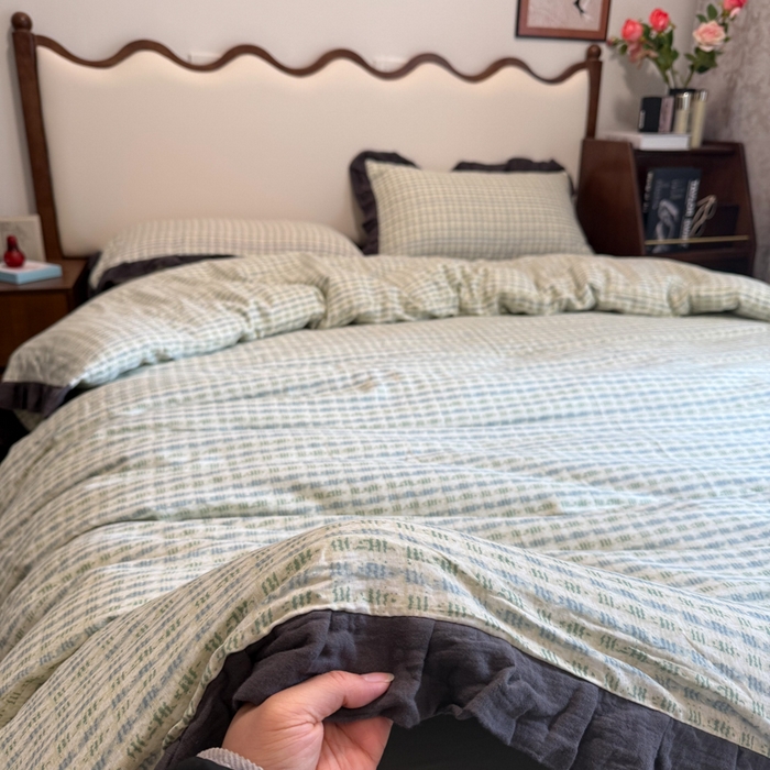 91家纺网 家纺一手货源 找家纺 疆东 【疆东】2026韩版蕾丝花边纯棉全棉双层纱四件套印花纯棉四件套法式赫本木耳花边全棉公主双层纱四件套 波纹