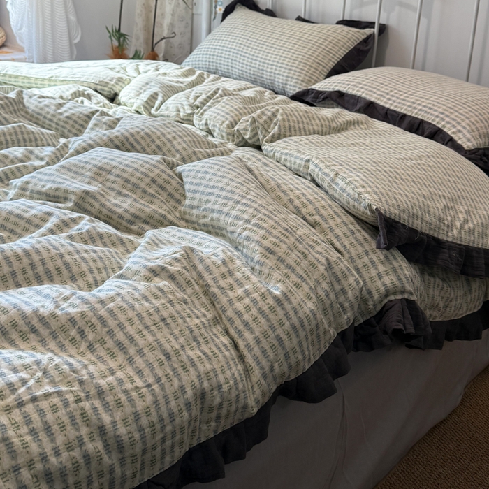 91家纺网 家纺一手货源 找家纺 疆东 【疆东】2026韩版蕾丝花边纯棉全棉双层纱四件套印花纯棉四件套法式赫本木耳花边全棉公主双层纱四件套 波纹