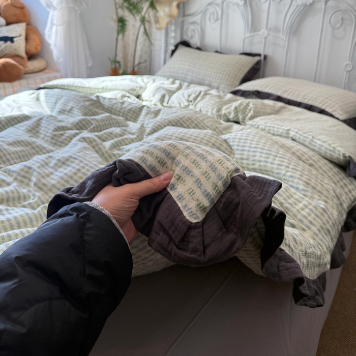 91家纺网 家纺一手货源 找家纺 疆东 【疆东】2026韩版蕾丝花边纯棉全棉双层纱四件套印花纯棉四件套法式赫本木耳花边全棉公主双层纱四件套 波纹