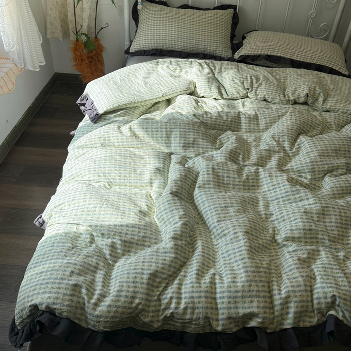 91家纺网 家纺一手货源 找家纺 疆东 【疆东】2026韩版蕾丝花边纯棉全棉双层纱四件套印花纯棉四件套法式赫本木耳花边全棉公主双层纱四件套 波纹