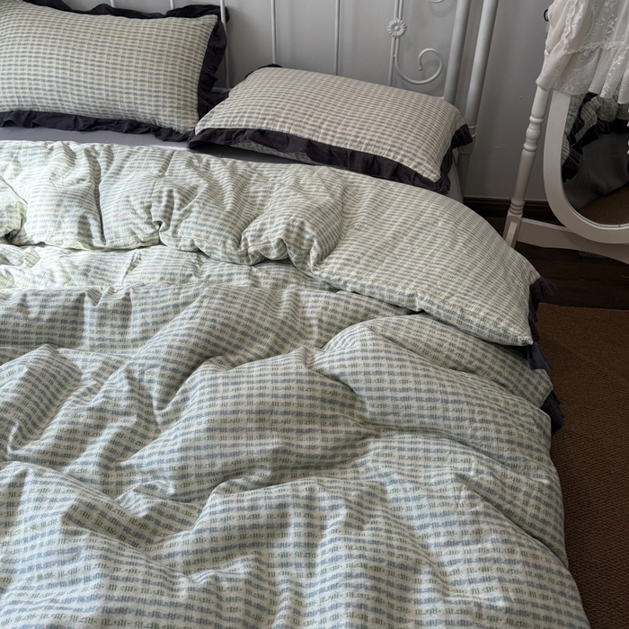 91家纺网 家纺一手货源 找家纺 疆东 【疆东】2026韩版蕾丝花边纯棉全棉双层纱四件套印花纯棉四件套法式赫本木耳花边全棉公主双层纱四件套 波纹