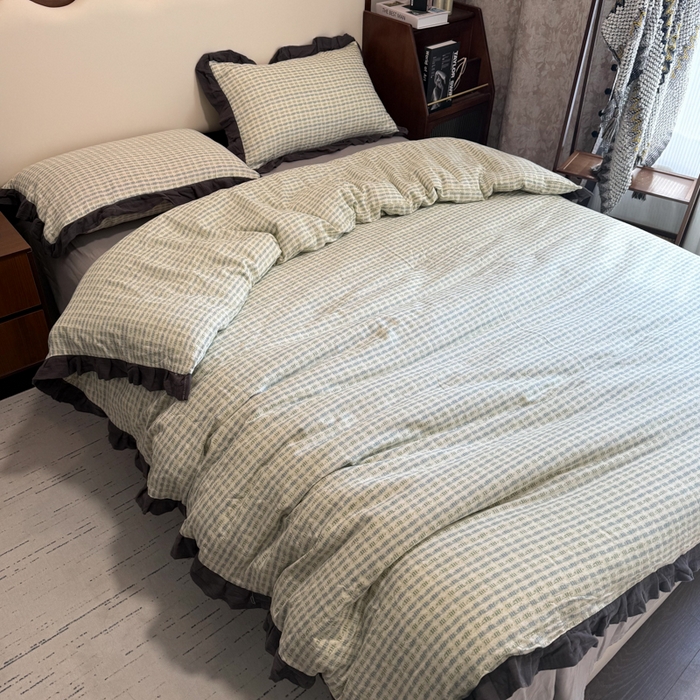 91家纺网 家纺一手货源 找家纺 疆东 【疆东】2026韩版蕾丝花边纯棉全棉双层纱四件套印花纯棉四件套法式赫本木耳花边全棉公主双层纱四件套 波纹