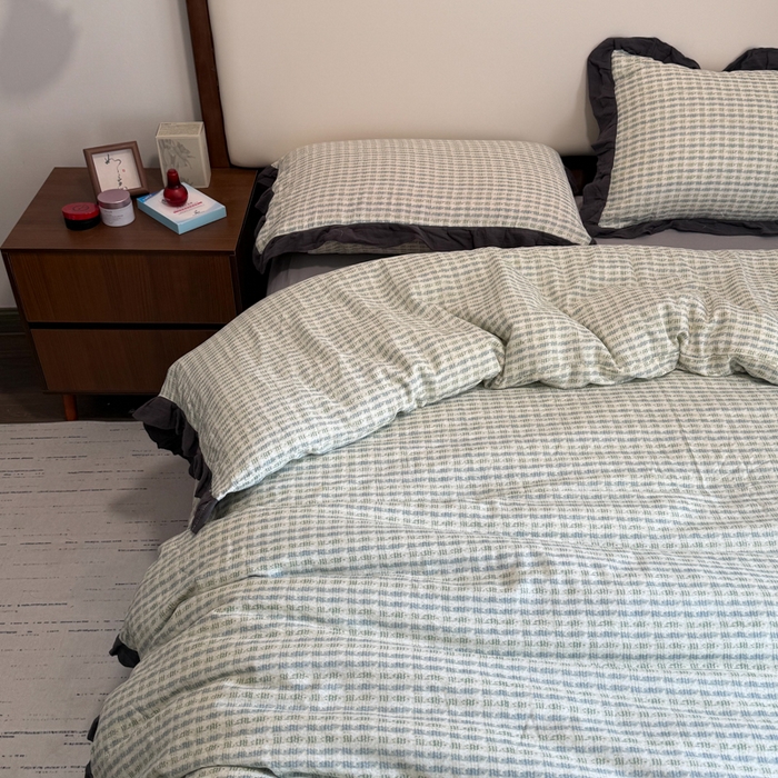 91家纺网 家纺一手货源 找家纺 疆东 【疆东】2026韩版蕾丝花边纯棉全棉双层纱四件套印花纯棉四件套法式赫本木耳花边全棉公主双层纱四件套 波纹