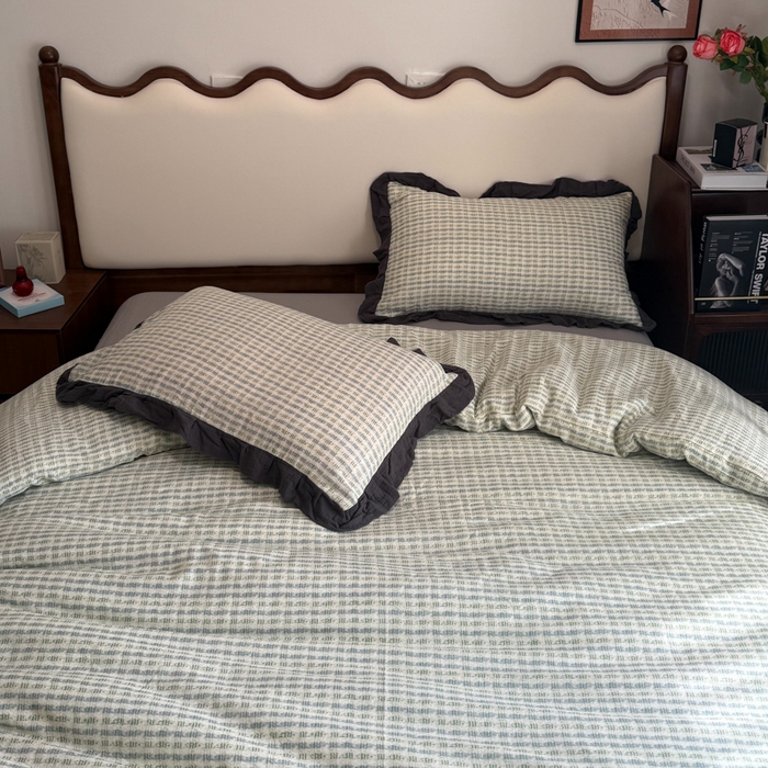 91家纺网 家纺一手货源 找家纺 疆东 【疆东】2026韩版蕾丝花边纯棉全棉双层纱四件套印花纯棉四件套法式赫本木耳花边全棉公主双层纱四件套 波纹