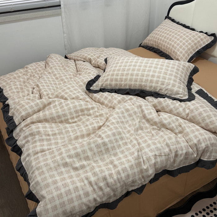 91家纺网 家纺一手货源 找家纺 疆东 【疆东】2026韩版蕾丝花边纯棉全棉双层纱四件套印花纯棉四件套法式赫本木耳花边全棉公主双层纱四件套 棕格