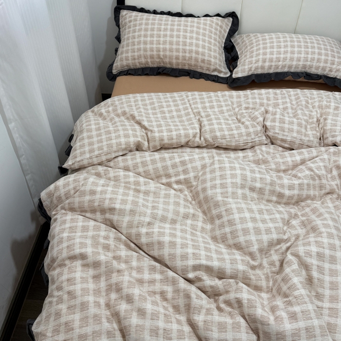 91家纺网 家纺一手货源 找家纺 疆东 【疆东】2026韩版蕾丝花边纯棉全棉双层纱四件套印花纯棉四件套法式赫本木耳花边全棉公主双层纱四件套 棕格