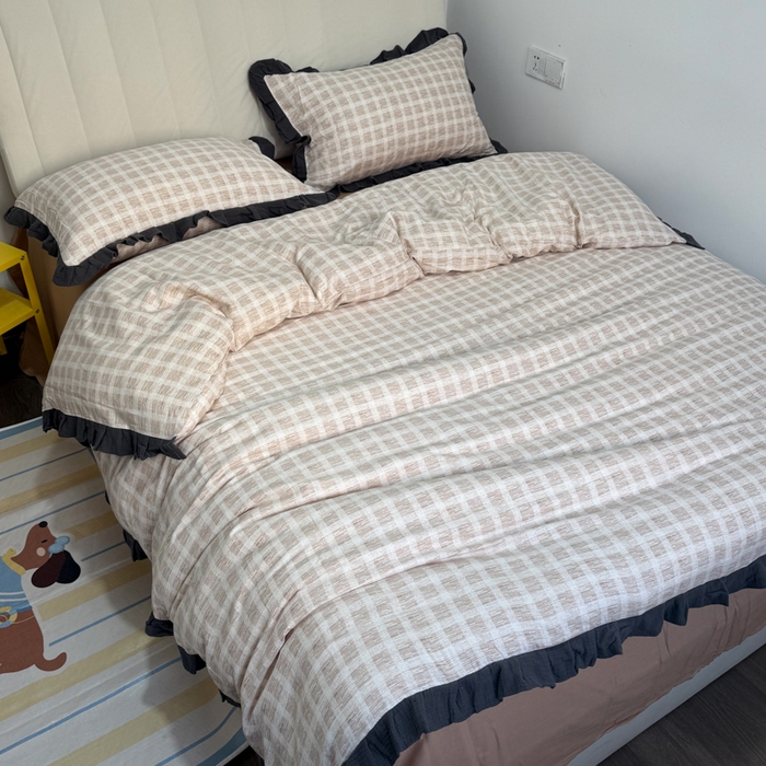 91家纺网 家纺一手货源 找家纺 疆东 【疆东】2026韩版蕾丝花边纯棉全棉双层纱四件套印花纯棉四件套法式赫本木耳花边全棉公主双层纱四件套 棕格