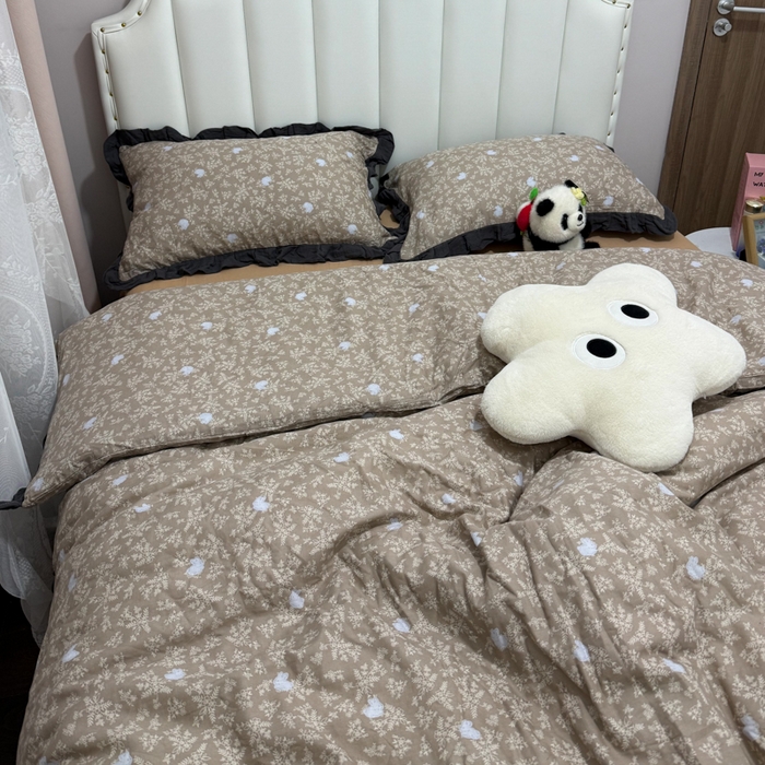 91家纺网 家纺一手货源 找家纺 疆东 【疆东】2026韩版蕾丝花边纯棉全棉双层纱四件套印花纯棉四件套法式赫本木耳花边全棉公主双层纱四件套 雪花兔