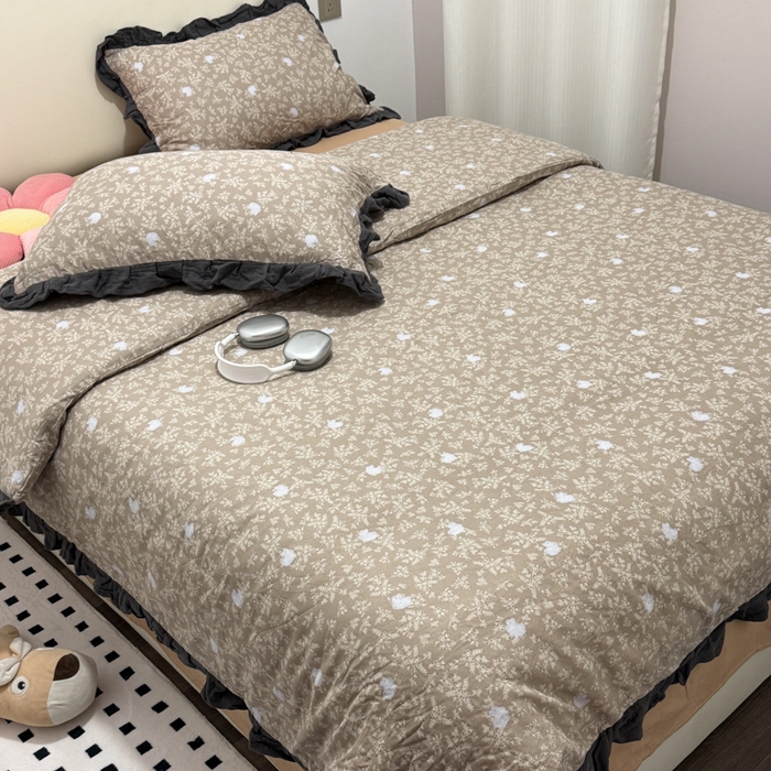 91家纺网 家纺一手货源 找家纺 疆东 【疆东】2026韩版蕾丝花边纯棉全棉双层纱四件套印花纯棉四件套法式赫本木耳花边全棉公主双层纱四件套 雪花兔