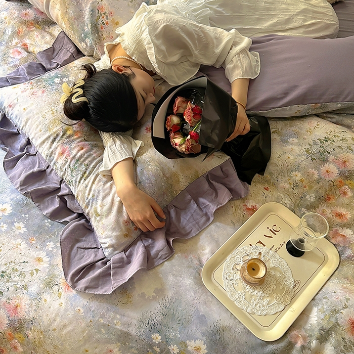 91家纺网 家纺一手货源 找家纺 【疆东】2026高端韩版法式花边纯棉全棉双层纱四件套复古赫本公主风浪漫荷叶边花卉纯棉四件套被套床单